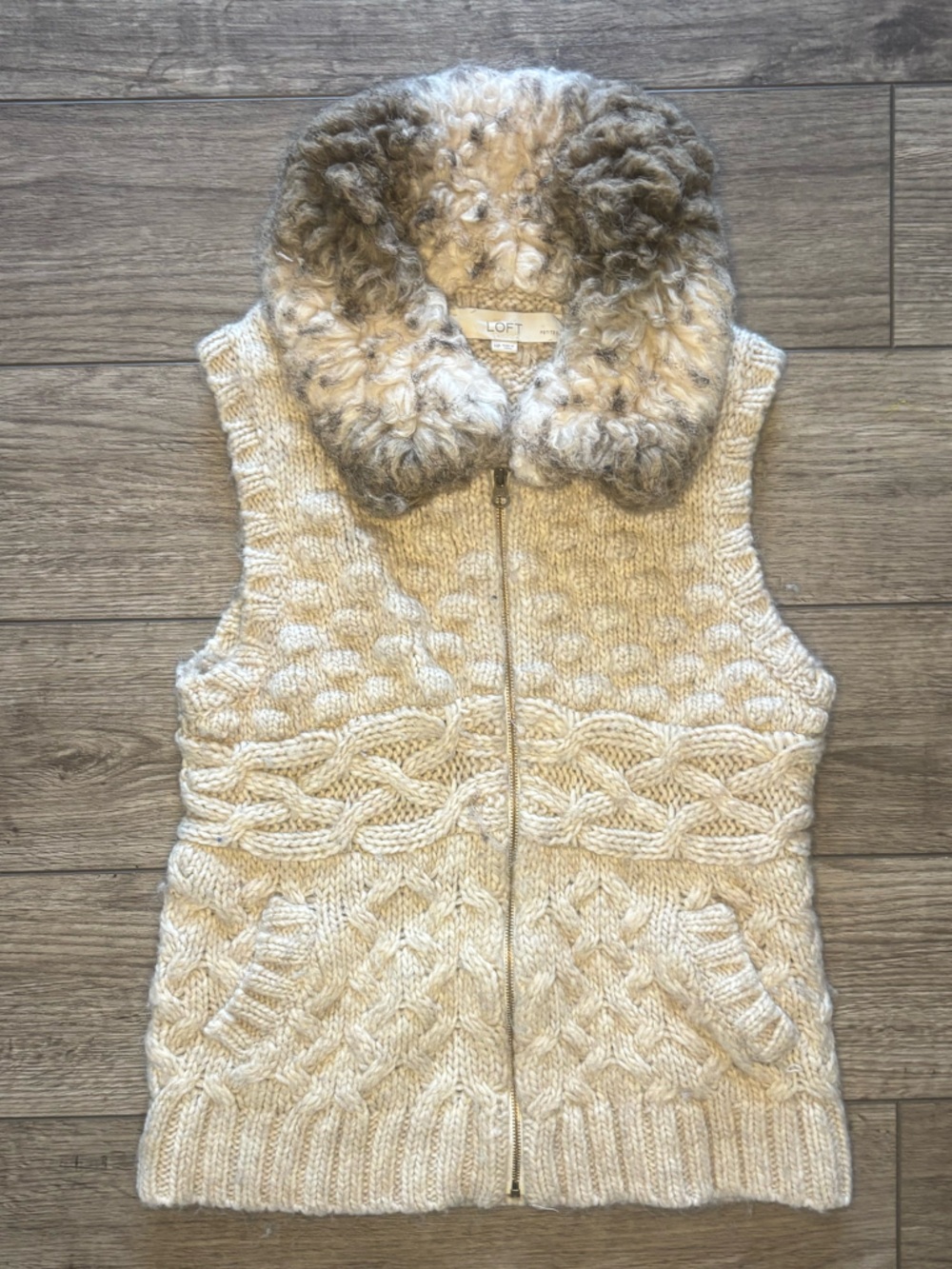 LOFT Cream Cable Knit Zip Vest with Faux-Fur Collar